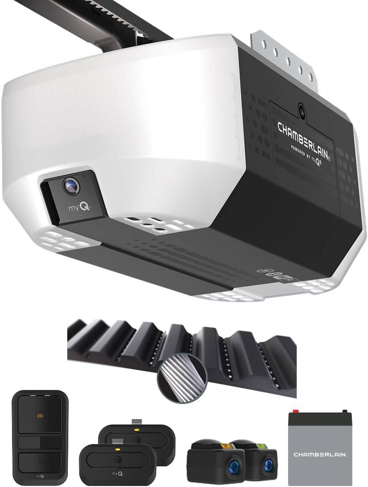Garage Door Opener 3/4 HP Belt Drive myQ Garage Door Opener with Fixed Camera, Battery Backup, 2‑Bulb LED Lighting