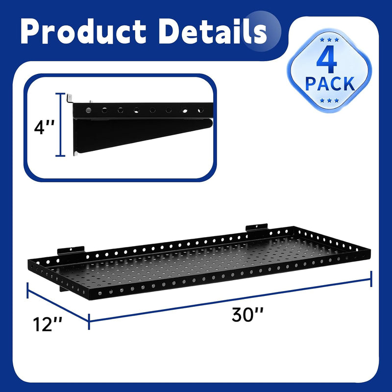 Heavy Duty Slatwall Shelf Steel Slatwall Accessories Storage Rack for Garage, Retail, Workshop (4 Pack)