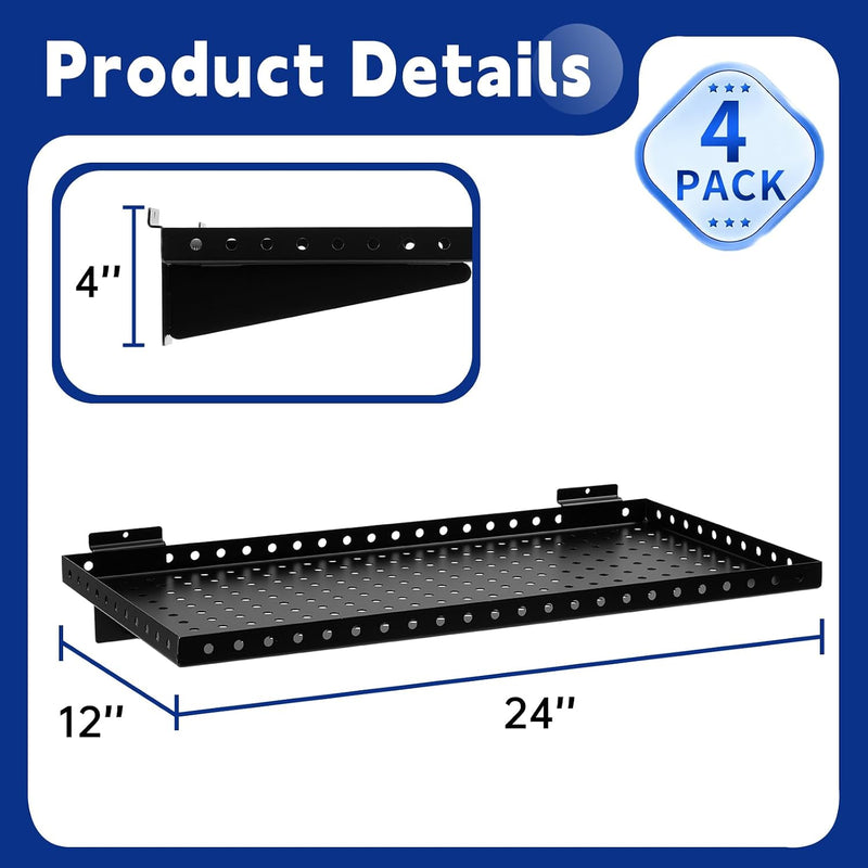 Heavy Duty Slatwall Shelf Steel Slatwall Accessories Storage Rack for Garage, Retail, Workshop (4 Pack)