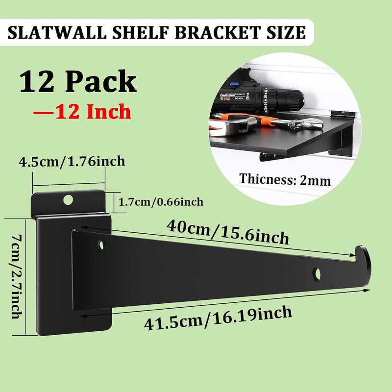 Black Slatwall Shelf Bracket with Lip, 12 & 14 Pack Metal Shelf Brackets